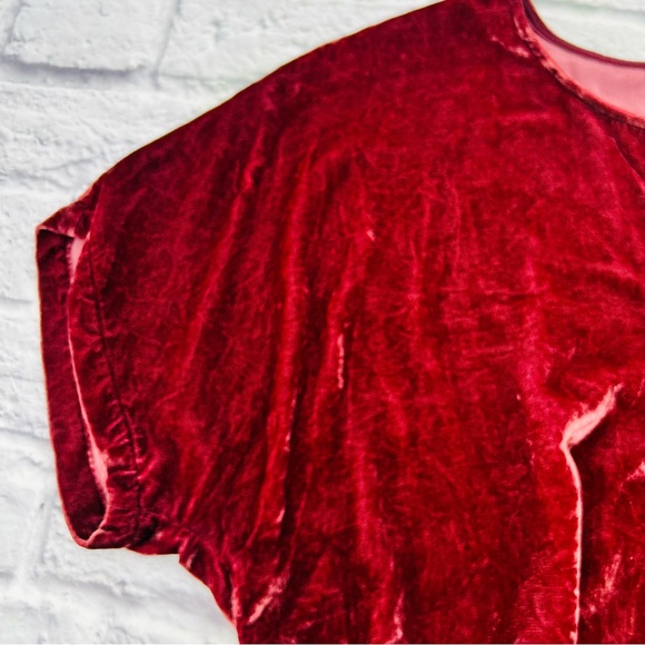 Madewell Velvet Burgundy Size Large Velvet Velour Top Tulip Hem Short Sleeve - Picture 3 of 8
